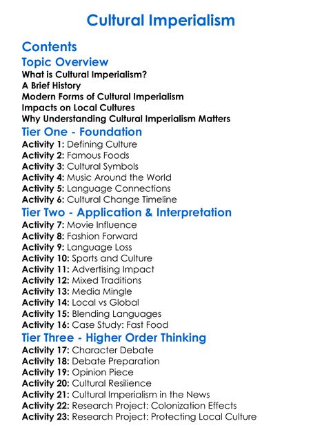 Cultural Imperialism Worksheet Activity Booklet