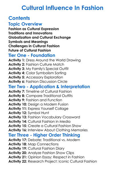 Cultural Influence In Fashion Worksheet Activity Booklet
