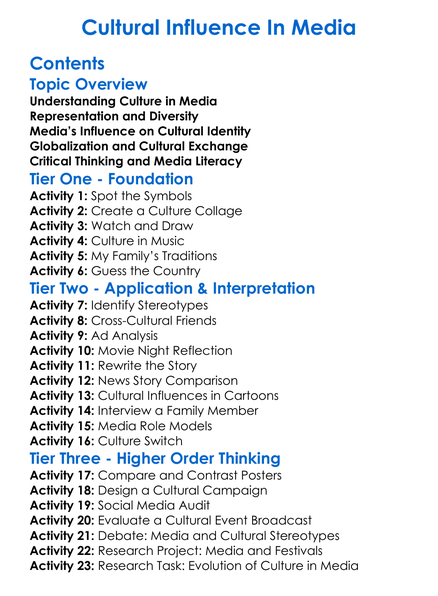 Cultural Influence In Media Worksheet Activity Booklet