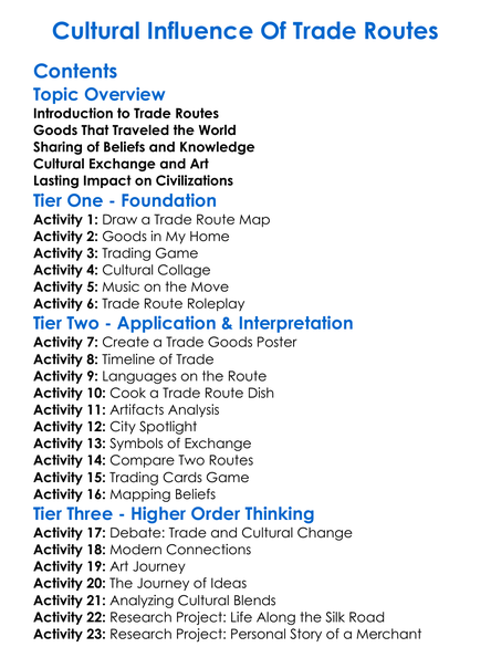 Cultural Influence Of Trade Routes Worksheet Activity Booklet
