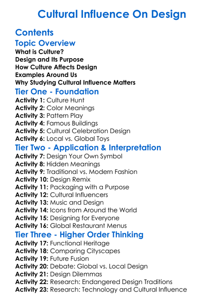 Cultural Influence On Design Worksheet Activity Booklet