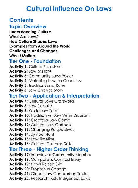 Cultural Influence On Laws Worksheet Activity Booklet