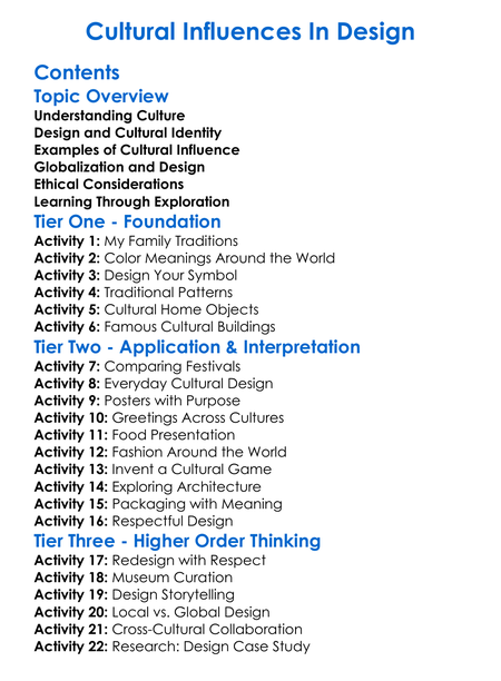 Cultural Influences In Design Worksheet Activity Booklet