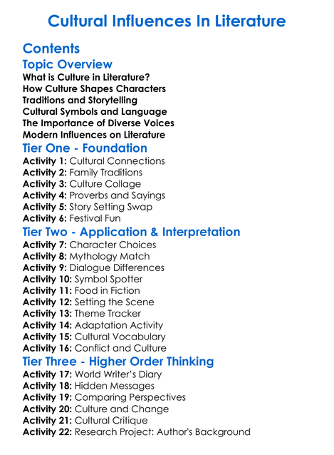 Cultural Influences In Literature Worksheet Activity Booklet