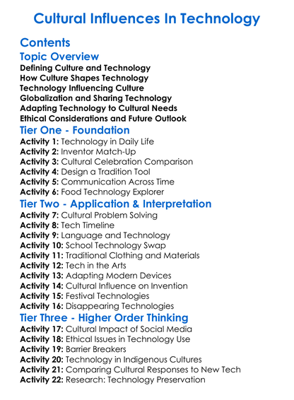 Cultural Influences In Technology Worksheet Activity Booklet