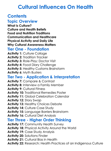 Cultural Influences On Health Worksheet Activity Booklet
