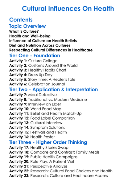 Cultural Influences On Health Worksheet Activity Booklet