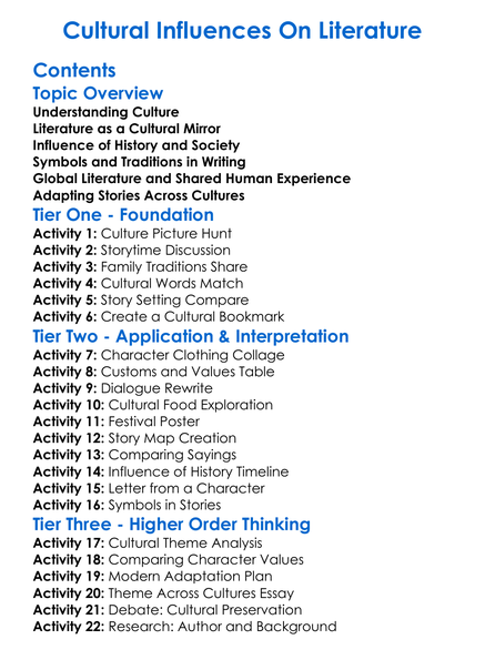 Cultural Influences On Literature Worksheet Activity Booklet