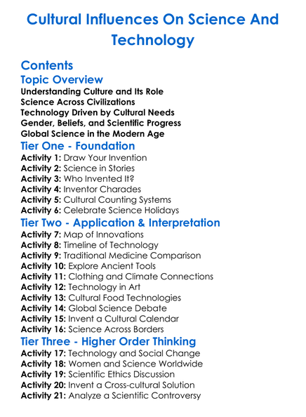 Cultural Influences On Science And Technology Worksheet Activity Booklet
