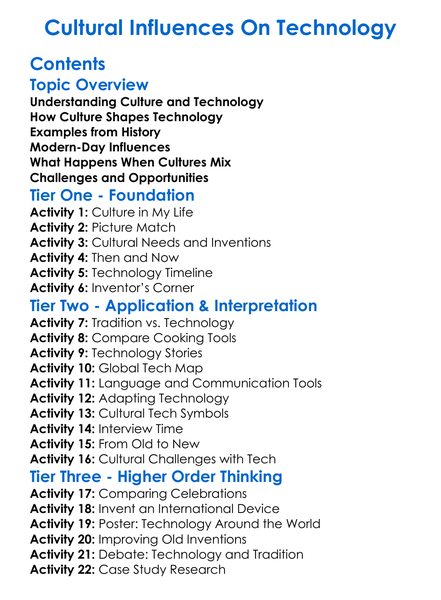 Cultural Influences On Technology Worksheet Activity Booklet