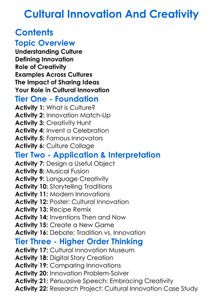 Cultural Innovation And Creativity Worksheet Activity Booklet