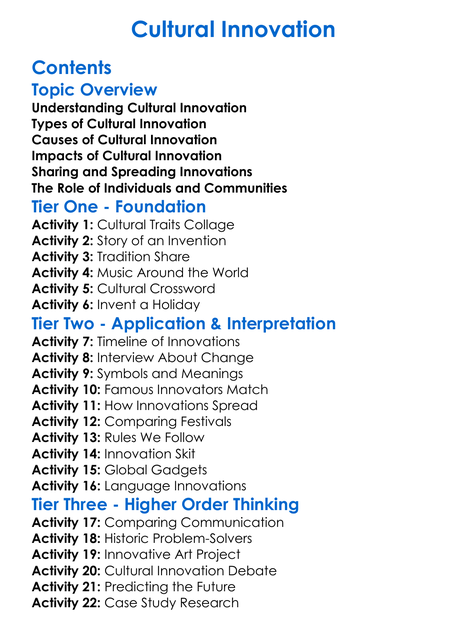 Cultural Innovation Worksheet Activity Booklet