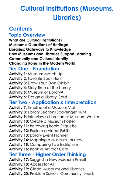 Cultural Institutions Museums Libraries Worksheet Activity Booklet