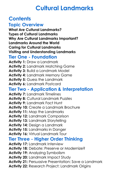 Cultural Landmarks Worksheet Activity Booklet