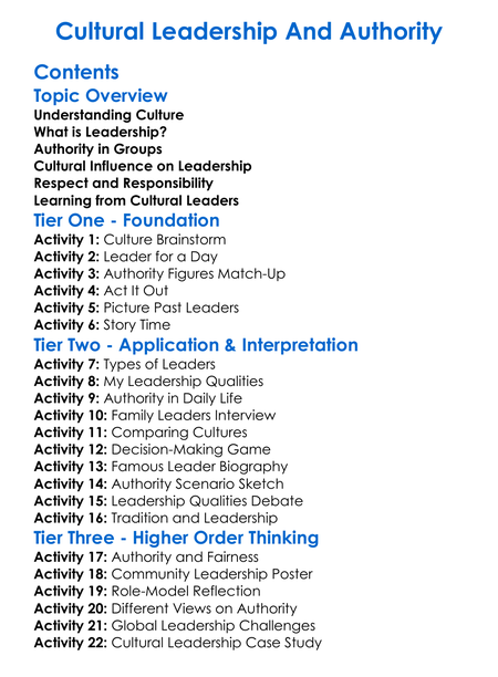 Cultural Leadership And Authority Worksheet Activity Booklet