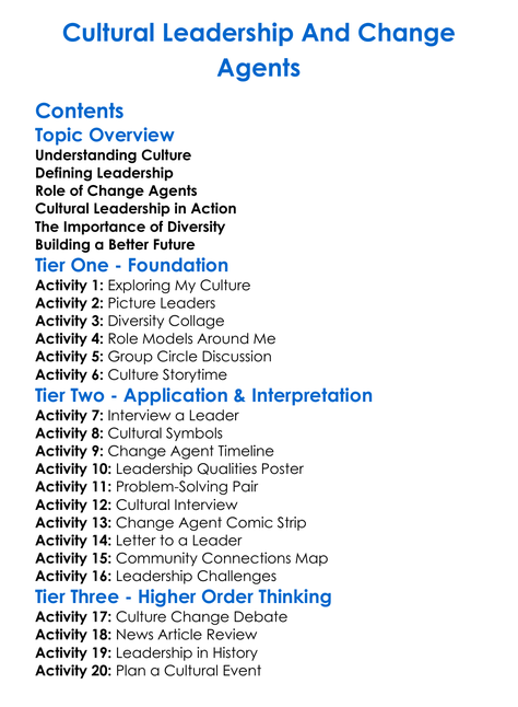 Cultural Leadership And Change Agents Worksheet Activity Booklet