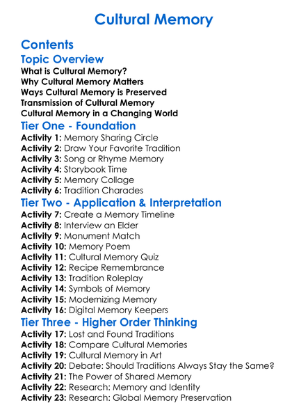 Cultural Memory Worksheet Activity Booklet