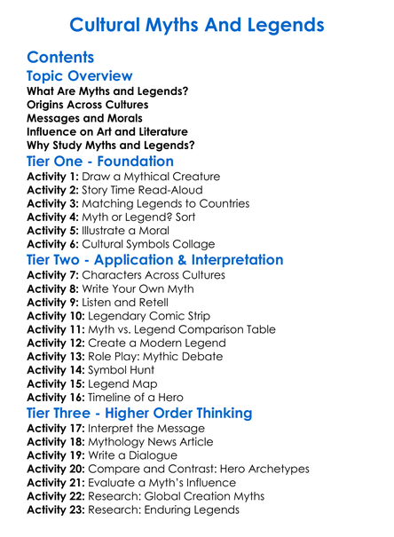 Cultural Myths And Legends Worksheet Activity Booklet