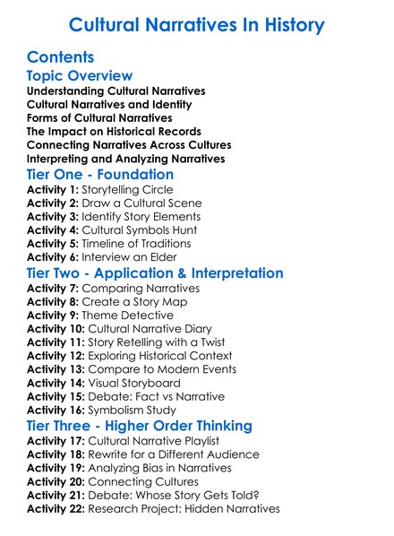 Cultural Narratives In History Worksheet Activity Booklet