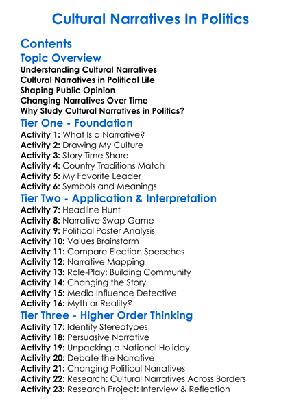 Cultural Narratives In Politics Worksheet Activity Booklet