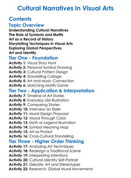 Cultural Narratives In Visual Arts Worksheet Activity Booklet