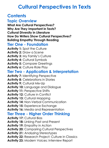 Cultural Perspectives In Texts Worksheet Activity Booklet
