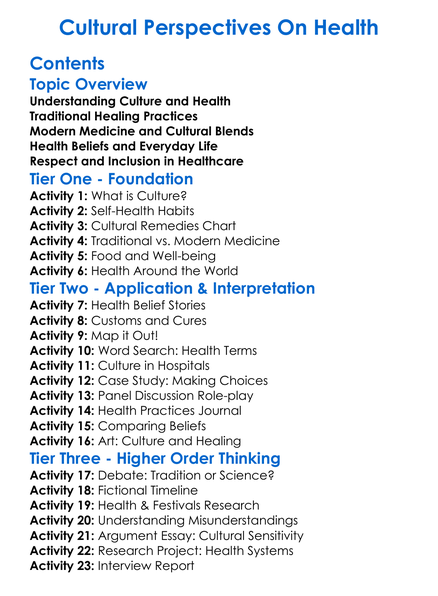 Cultural Perspectives On Health Worksheet Activity Booklet