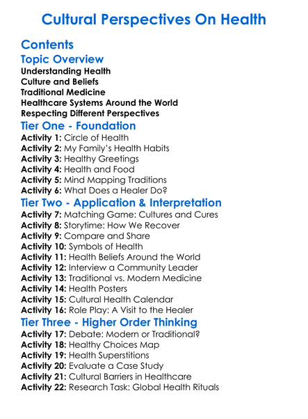 Cultural Perspectives On Health Worksheet Activity Booklet