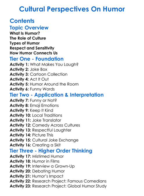Cultural Perspectives On Humor Worksheet Activity Booklet