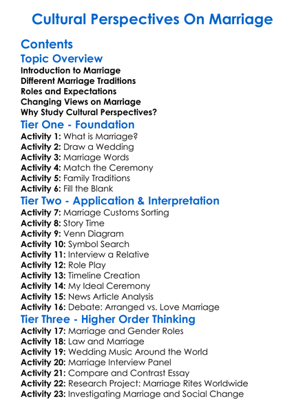 Cultural Perspectives On Marriage Worksheet Activity Booklet