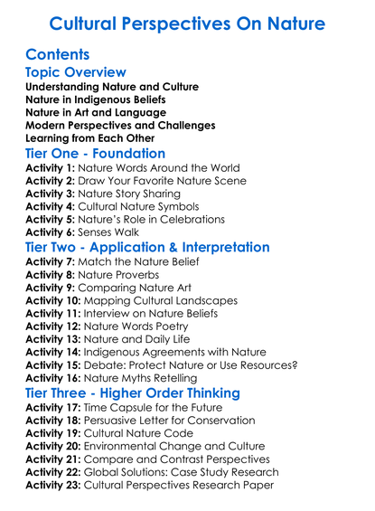 Cultural Perspectives On Nature Worksheet Activity Booklet