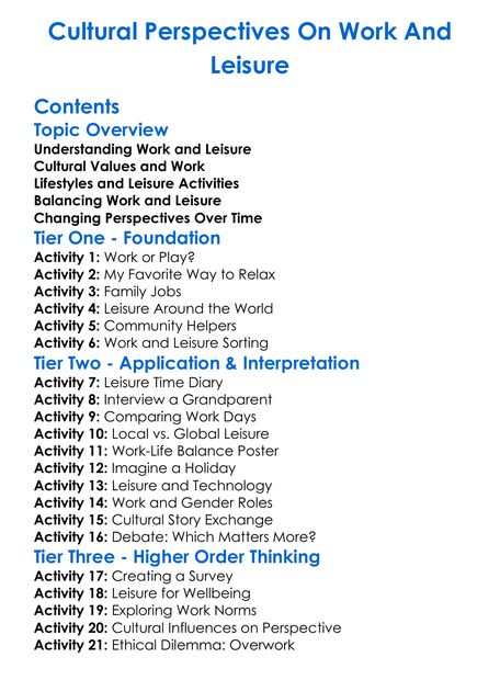 Cultural Perspectives On Work And Leisure Worksheet Activity Booklet