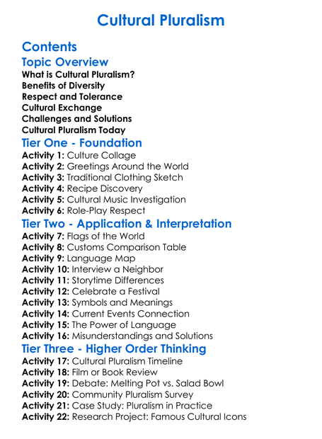 Cultural Pluralism Worksheet Activity Booklet