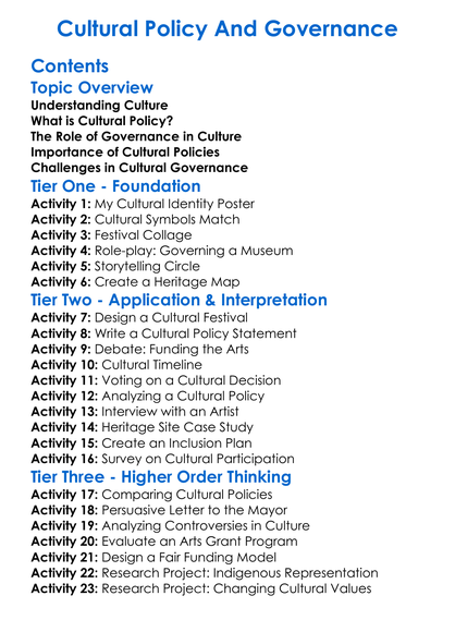 Cultural Policy And Governance Worksheet Activity Booklet