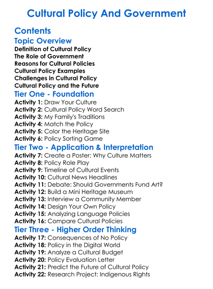 Cultural Policy And Government Worksheet Activity Booklet