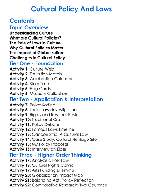 Cultural Policy And Laws Worksheet Activity Booklet