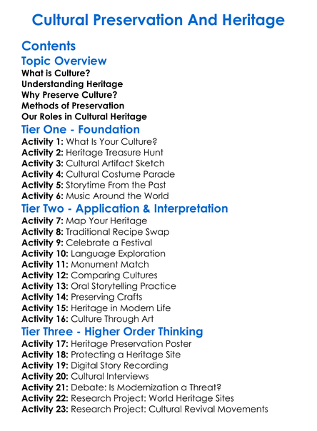 Cultural Preservation And Heritage Worksheet Activity Booklet