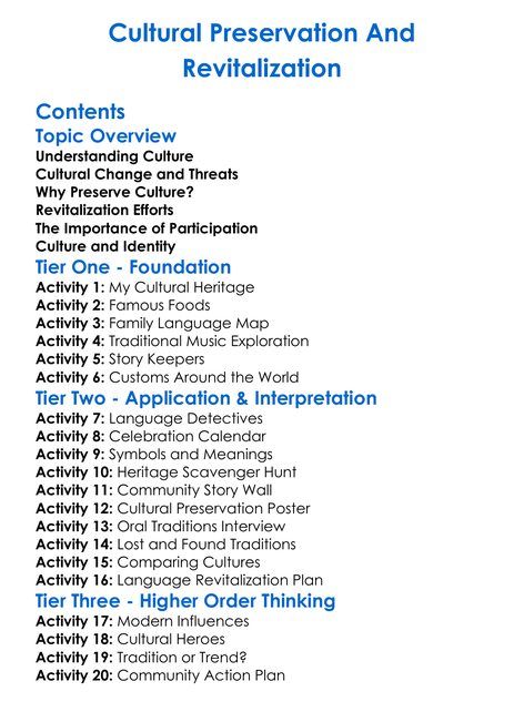 Cultural Preservation And Revitalization Worksheet Activity Booklet