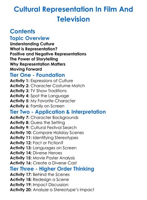 Cultural Representation In Film And Television Worksheet Activity Booklet