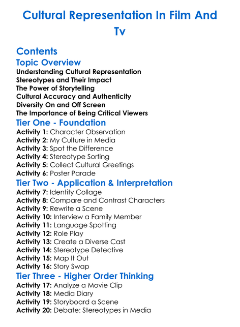 Cultural Representation In Film And Tv Worksheet Activity Booklet