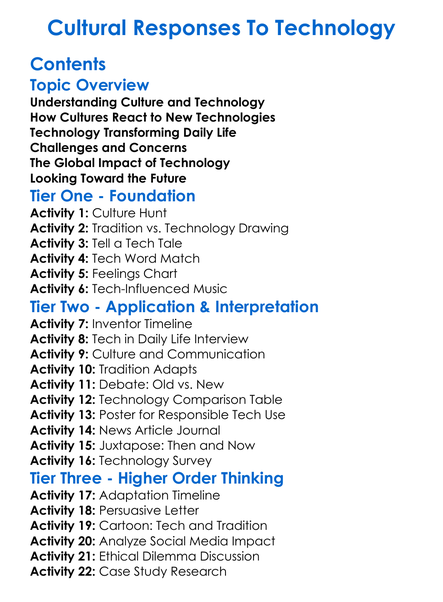 Cultural Responses To Technology Worksheet Activity Booklet