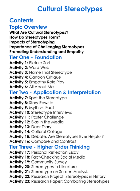 Cultural Stereotypes Worksheet Activity Booklet
