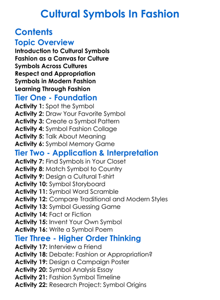 Cultural Symbols In Fashion Worksheet Activity Booklet
