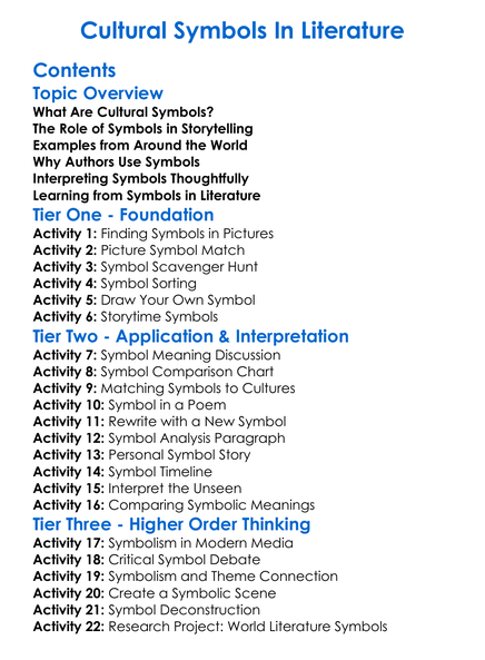 Cultural Symbols In Literature Worksheet Activity Booklet
