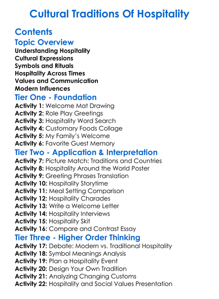 Cultural Traditions Of Hospitality Worksheet Activity Booklet
