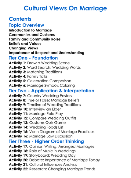 Cultural Views On Marriage Worksheet Activity Booklet