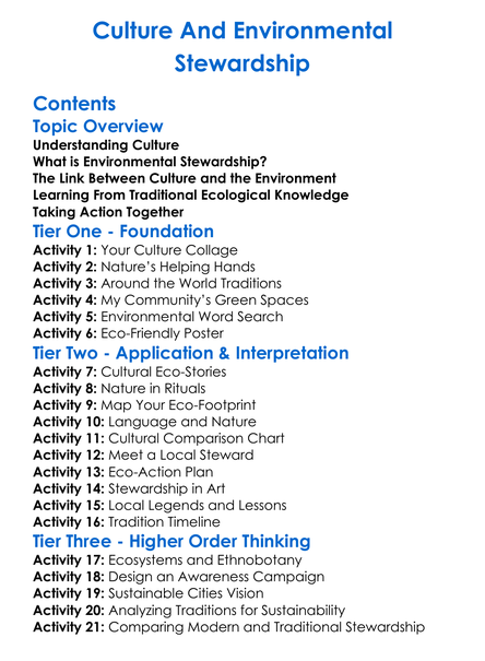 Culture And Environmental Stewardship Worksheet Activity Booklet