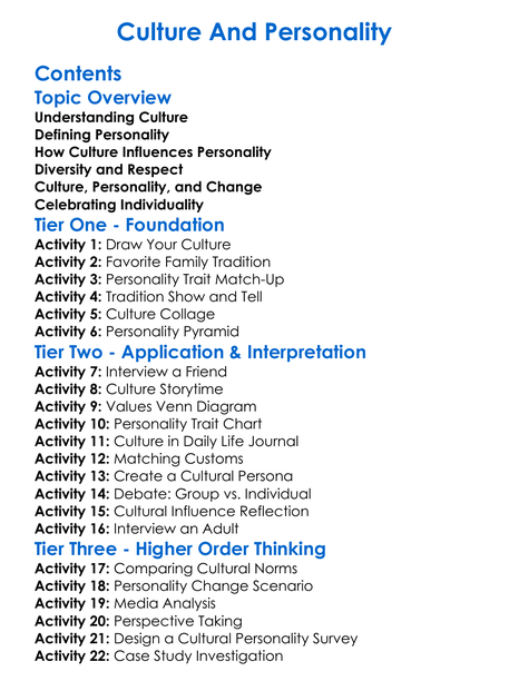 Culture And Personality Worksheet Activity Booklet