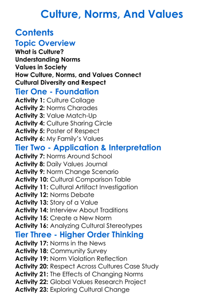 Culture Norms And Values Worksheet Activity Booklet