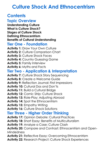Culture Shock And Ethnocentrism Worksheet Activity Booklet